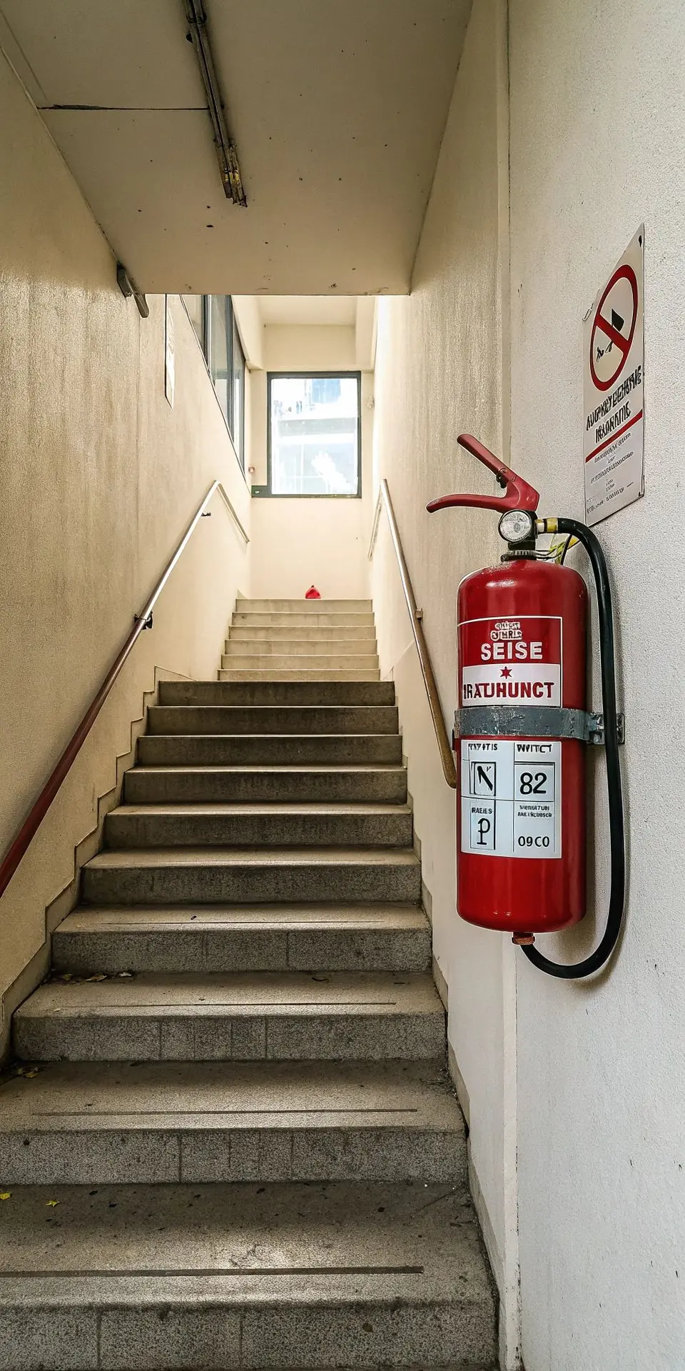 Brandblusser aan muur in trappenhal Brandblusser aan muur in trappenhal